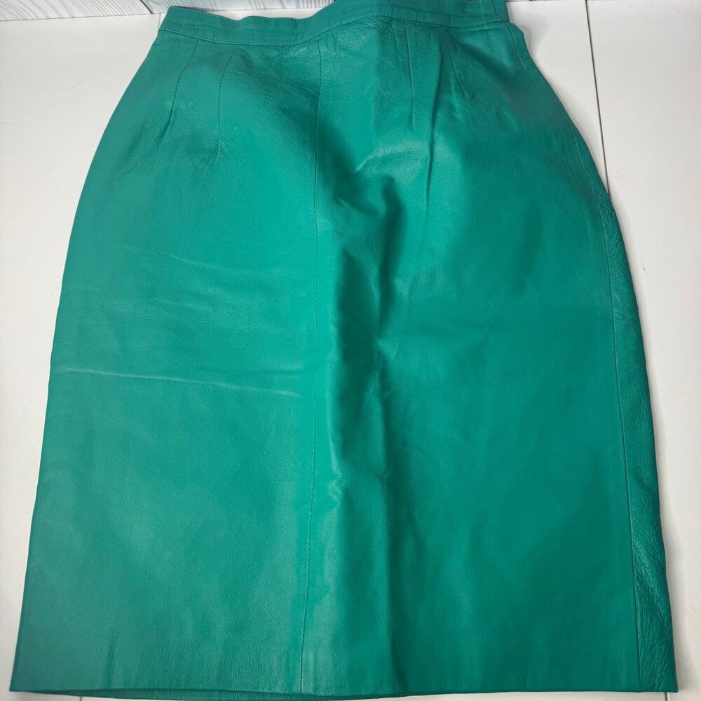 VTG 80s Simply Tops Leather Midi Pencil Skirt Size 6 (26”) Teal Green Retro